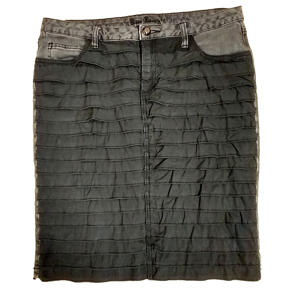 Bisou Bisou black stretch denim pencil skirt ruffle front 5 pocket design sz 10